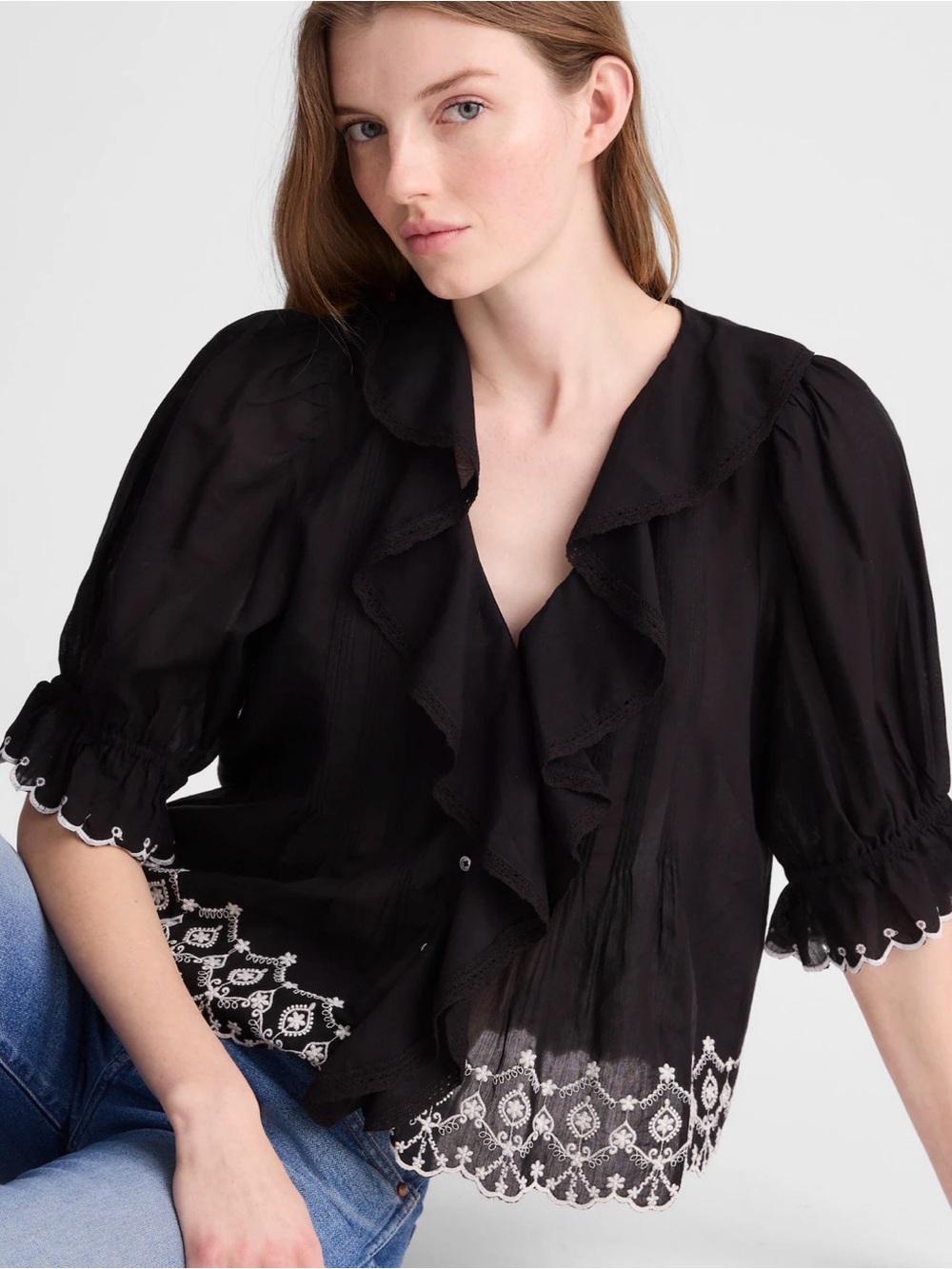 Madewell The Blaire Top Jet Black Embroidered Ruffle Blouse Size M NWT